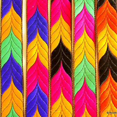 Jacquard Weave Trimming, Yellow, Green And Fuchsia Pink Thread Embroidered Lace Trim